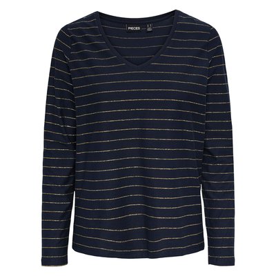 Striped Cotton Mix T-Shirt with V-Neck and Long Sleeves PIECES