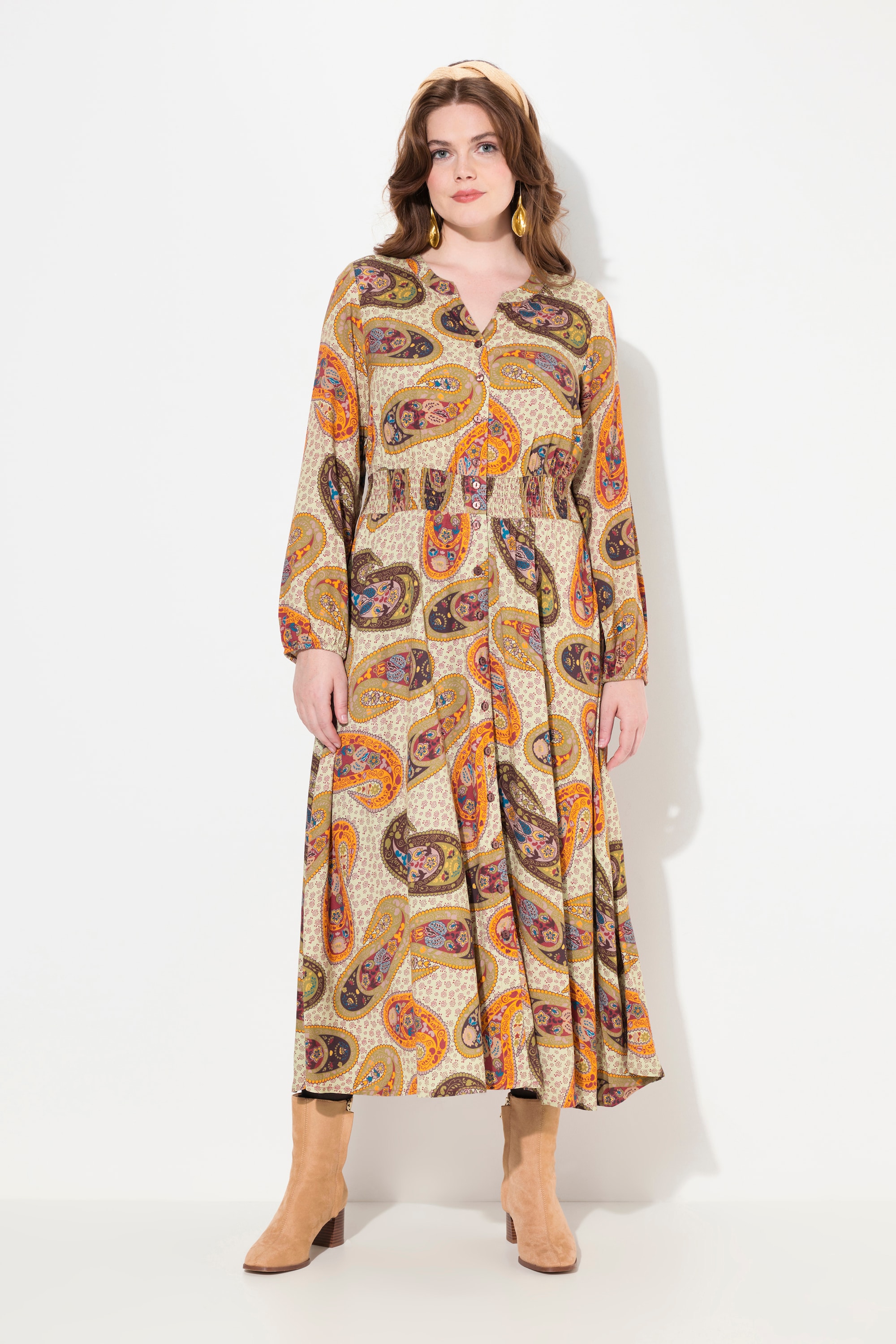 Robe maxi décolleté en V et manches longues, ULLA POPKEN