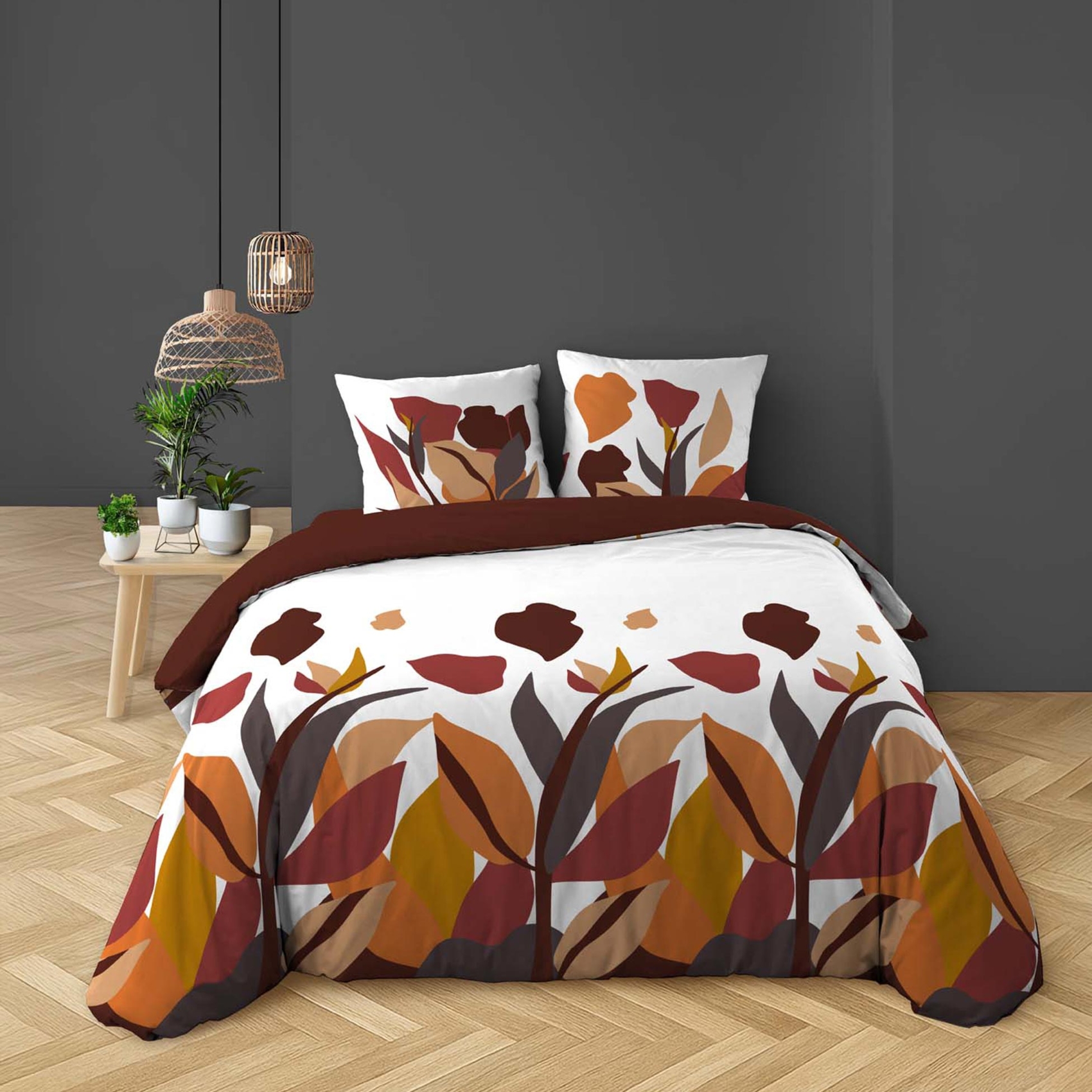 Parure de lit 3 pièces 100 % coton imprimé à motif floral housse + taies, DOUCEUR D'INTÉRIEUR