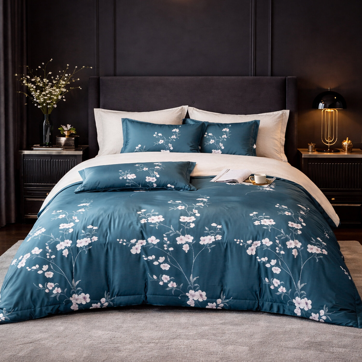 Parure house de couette en coton imprimé floral bleu nuit, Tsuki, C DESIGN HOME TEXTILE