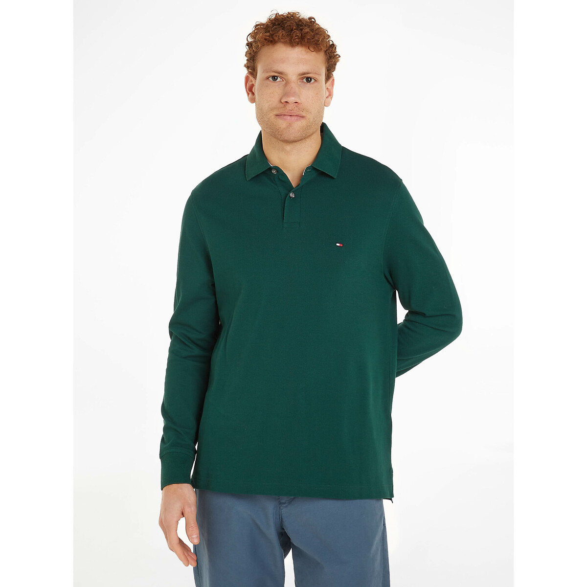 Rechte polo met lange mouwen, piqué tricot 1985
