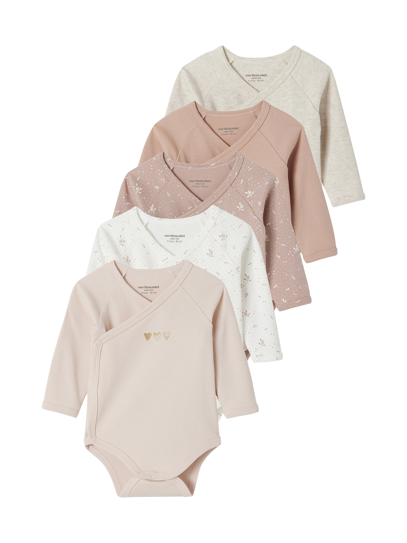 Lot 5 bodies "coeur" manches longues ouverture naissance en coton bio, VERTBAUDET