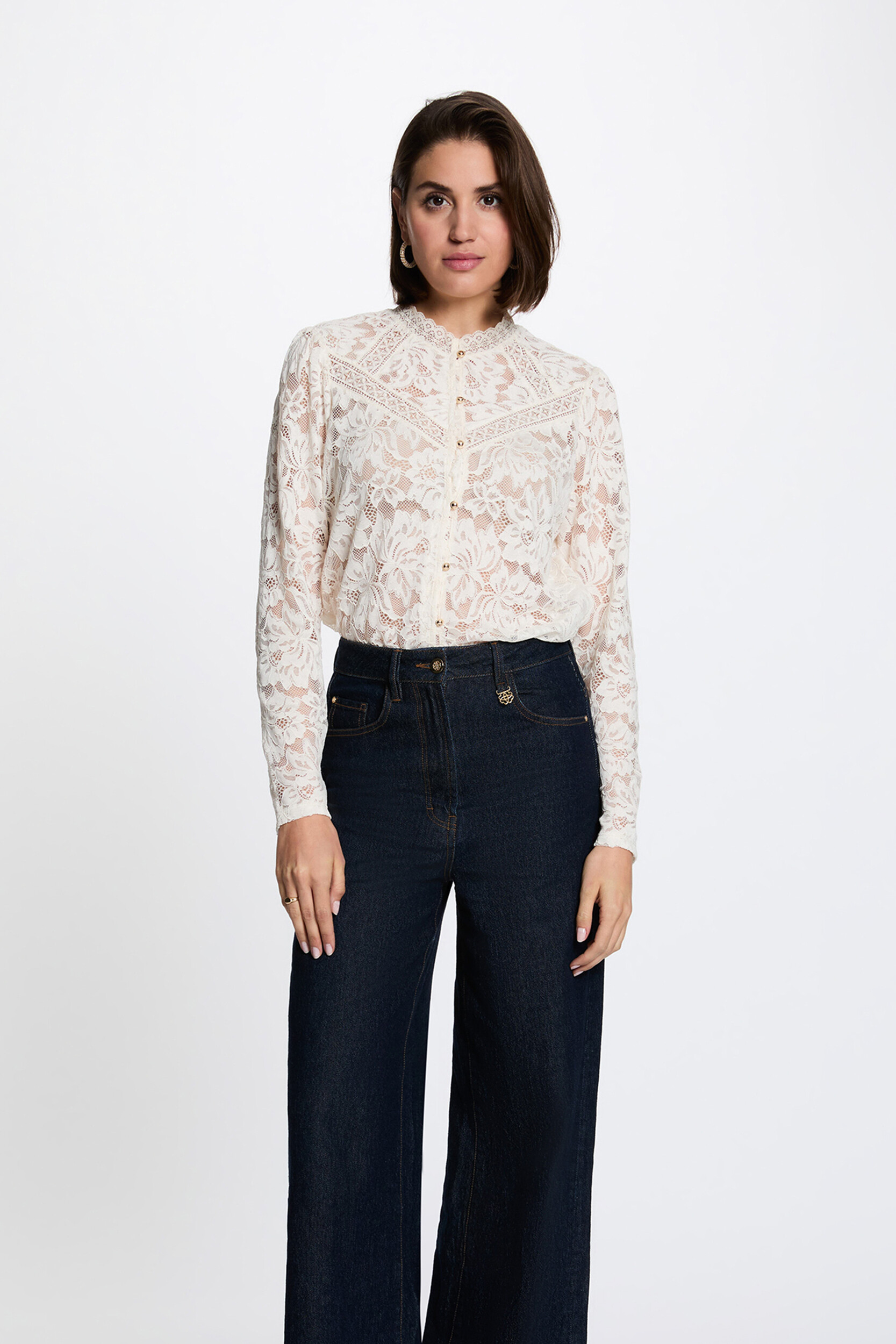 T-shirt dentelle col montant, MORGAN