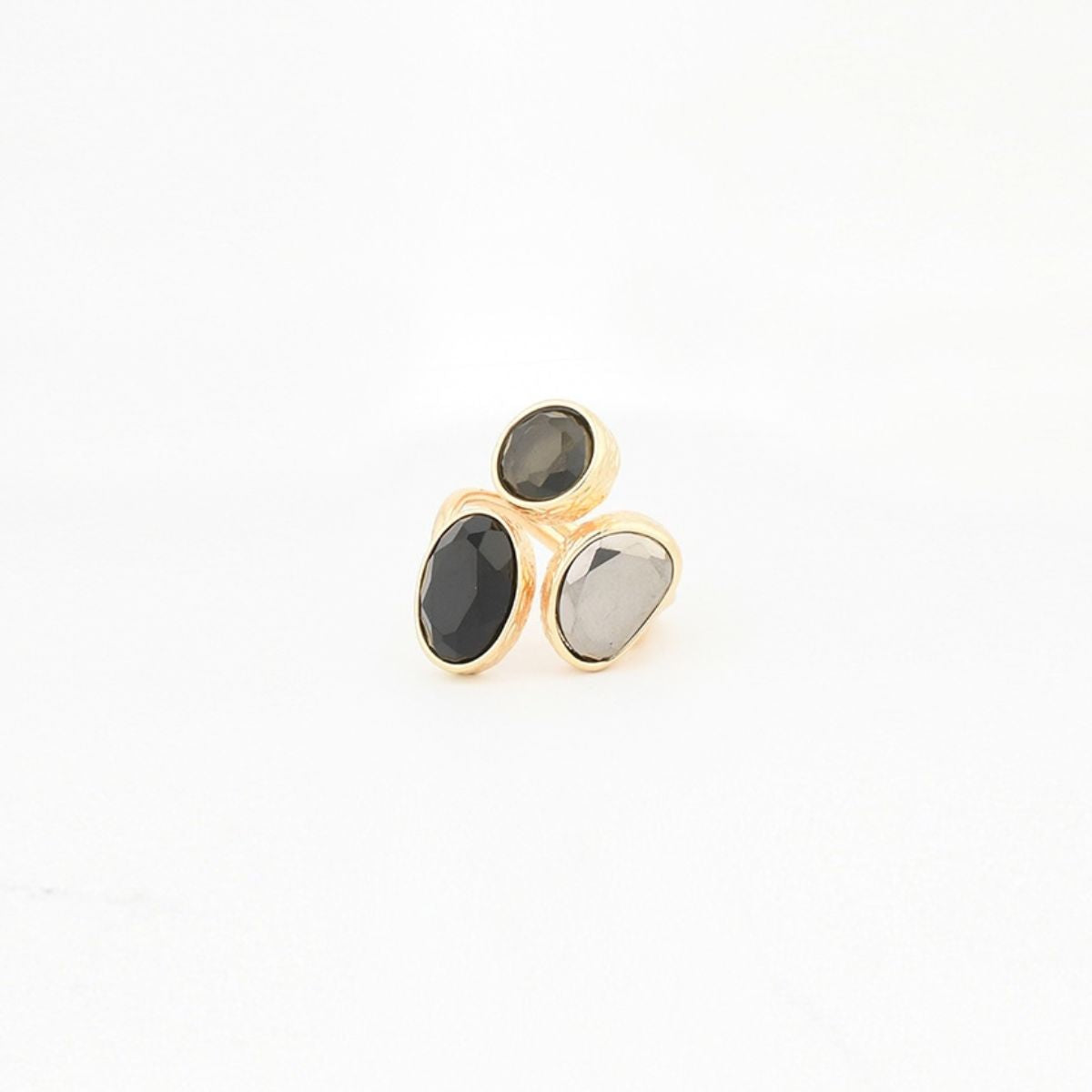 Bague 3 cabochons à facettes gris et noirs, BALABOOSTE