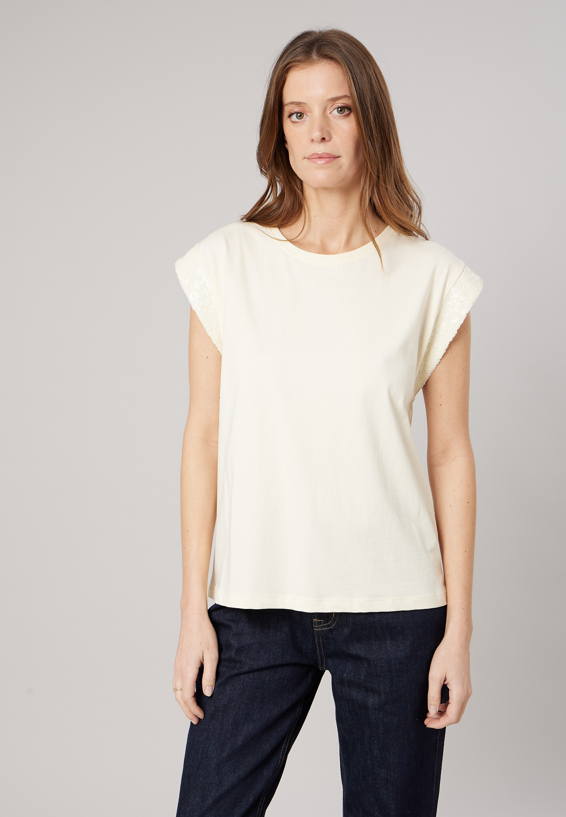 T-shirt regular femme en 100% coton détails sequins CARMELIA, DEELUXE