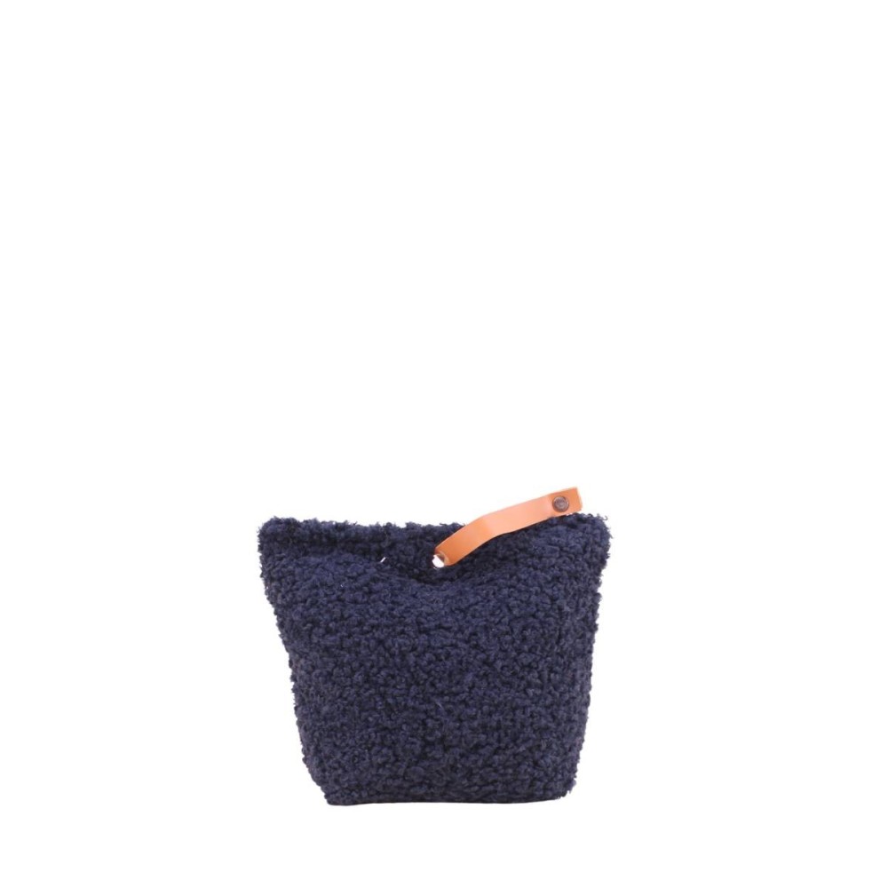 Cale porte en bouclette bleu moutonnée avec lanière aspect cuir, ORNAMI