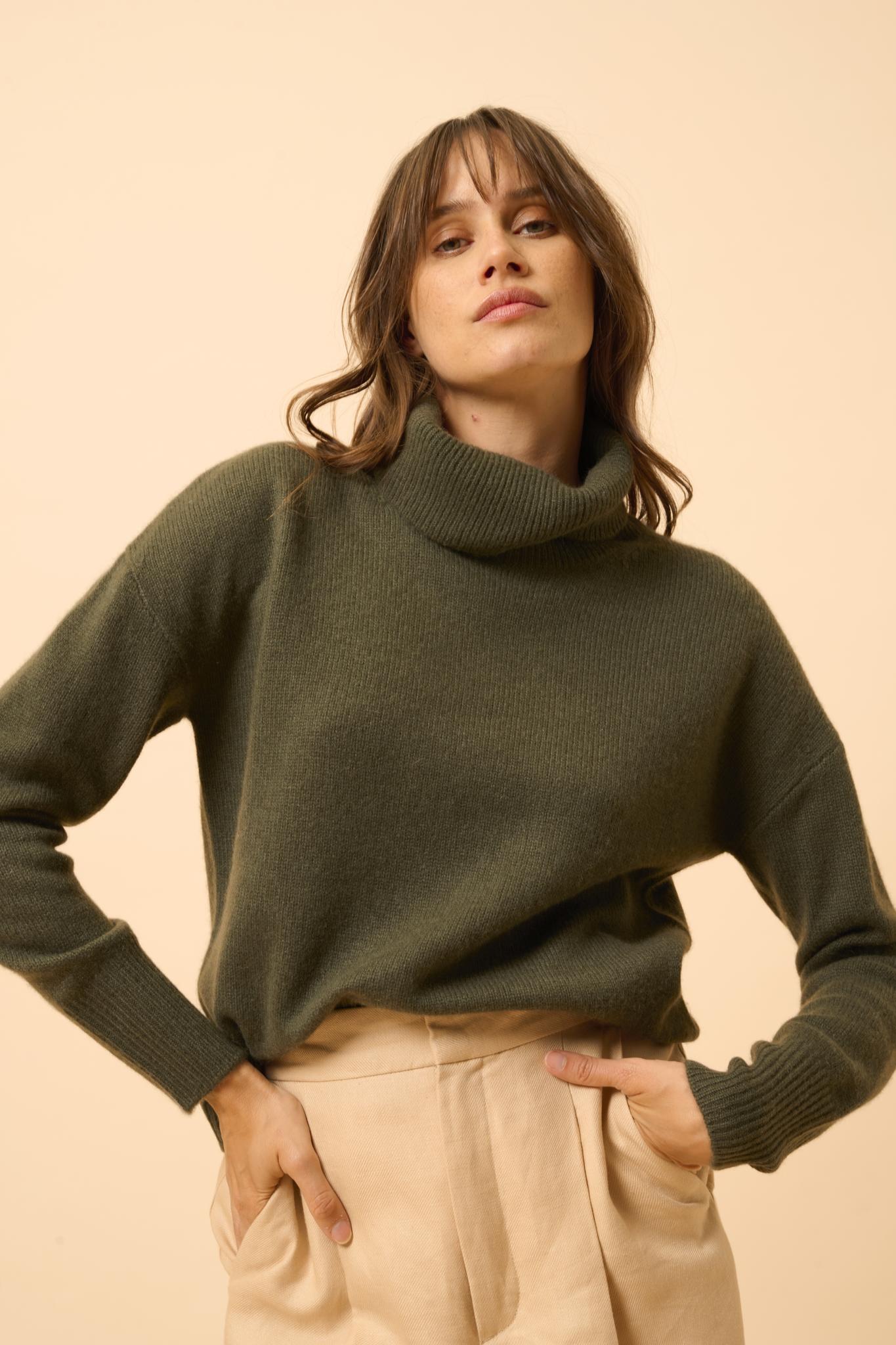 Pull Col Roulé 4 Fils Kaki Romane, JUST CASHMERE
