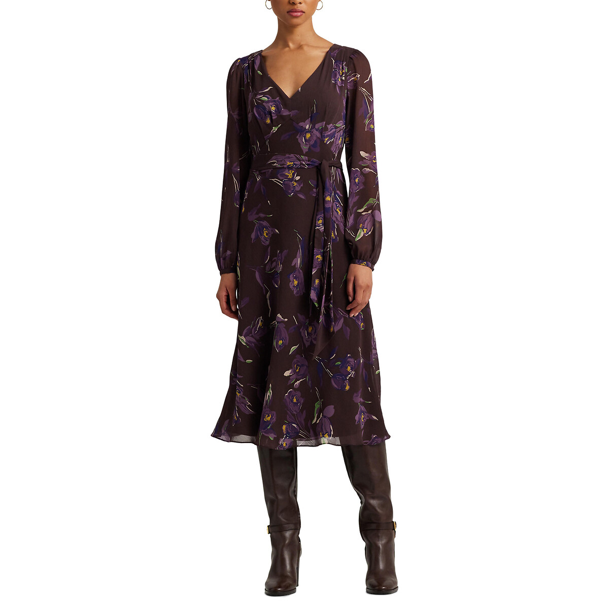 Tamerlait Midi Dress with V-Neck and Long Sleeves