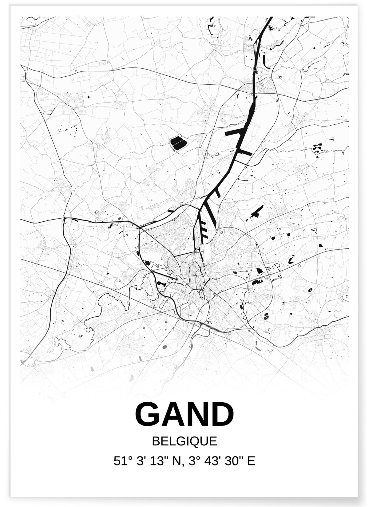 Affiche carte Gand - rectangle Noir et Blanc, L'AFFICHERIE