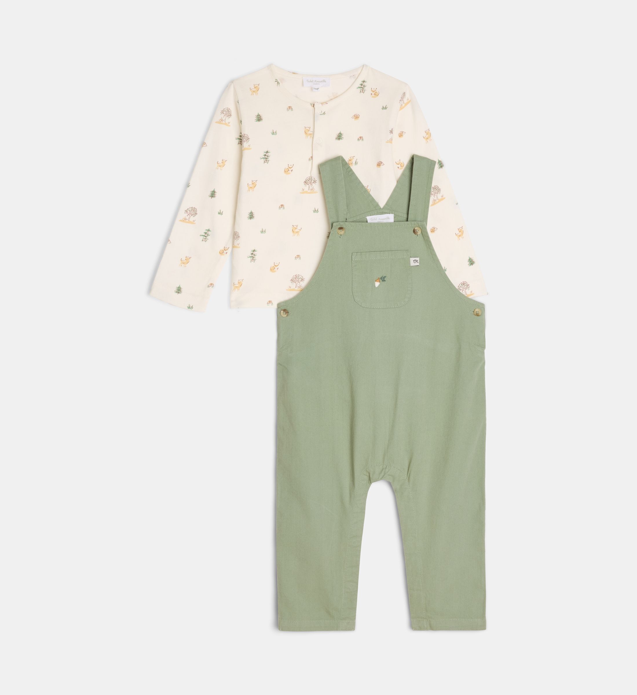 Ensemble t-shirt et salopette tan en sergé de coton bio, CADET ROUSSELLE