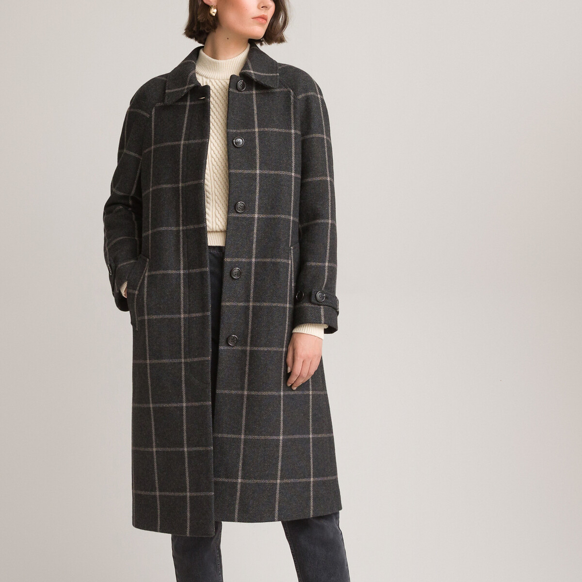 grey check wool coat womens