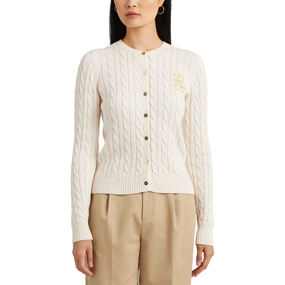 Ralhan Cable Knit Cardigan in Cotton with Crew Neck and Button Fastening