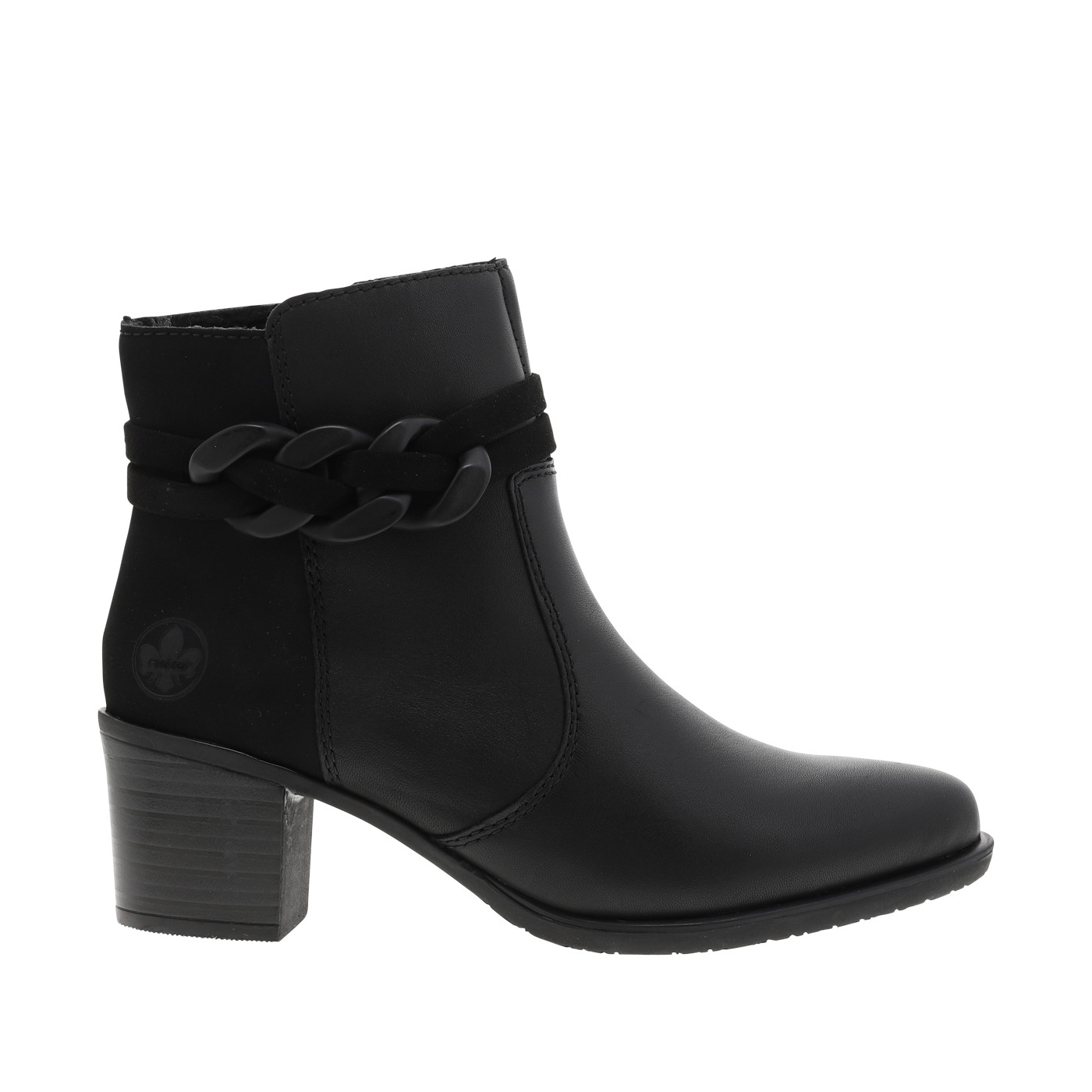 Boots en cuir noires à talon décroché moyen avec un zip et boucles décoratives, RIEKER