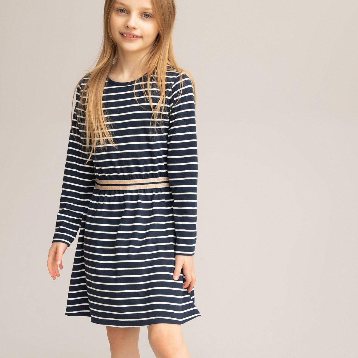 Striped organic cotton dress with long sleeves, 3-12 years navy 