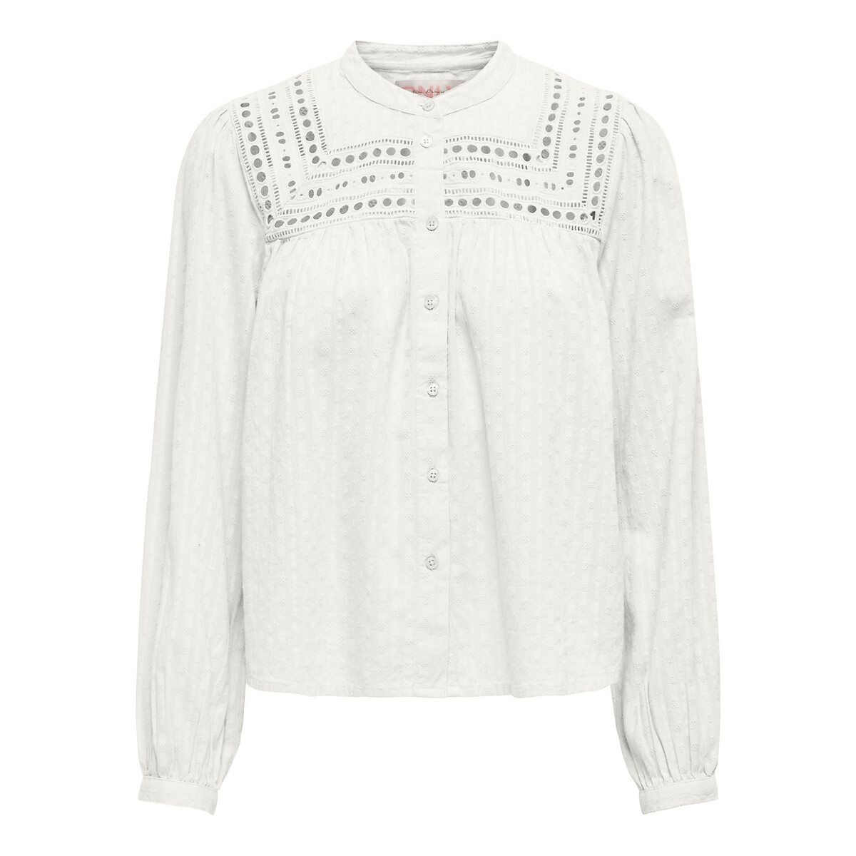 Image of Broderie Anglaise Cotton Blouse with Mandarin Collar