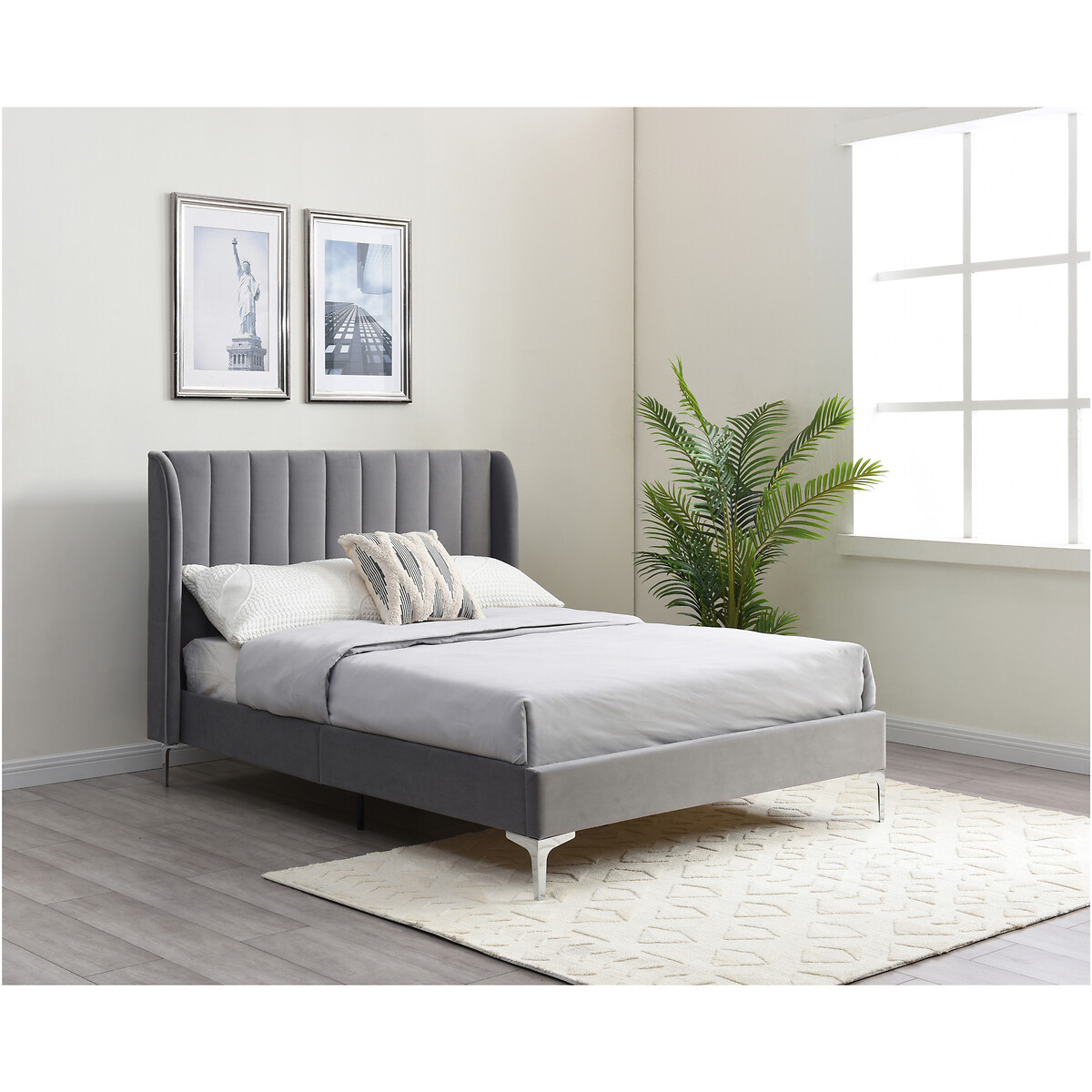 Lily Fluted Velvet Bed with Winged Headboard, SO'HOME