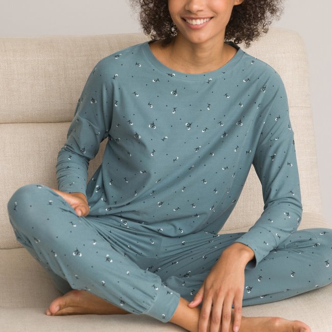 Pijama de manga larga de punto de poliéster reciclado estampado floral <span itemprop=