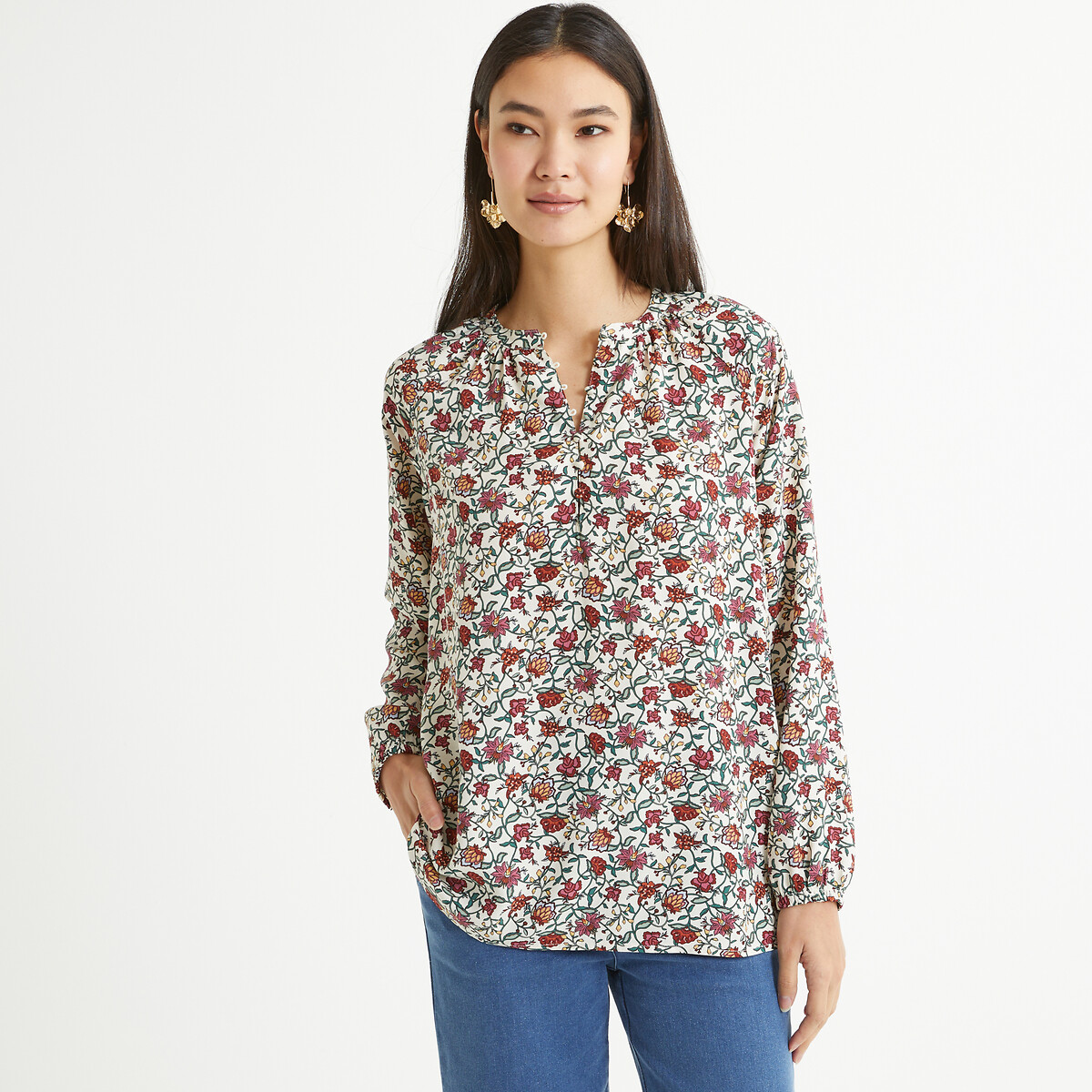 Floral Crew Neck Blouse with Long Sleeves