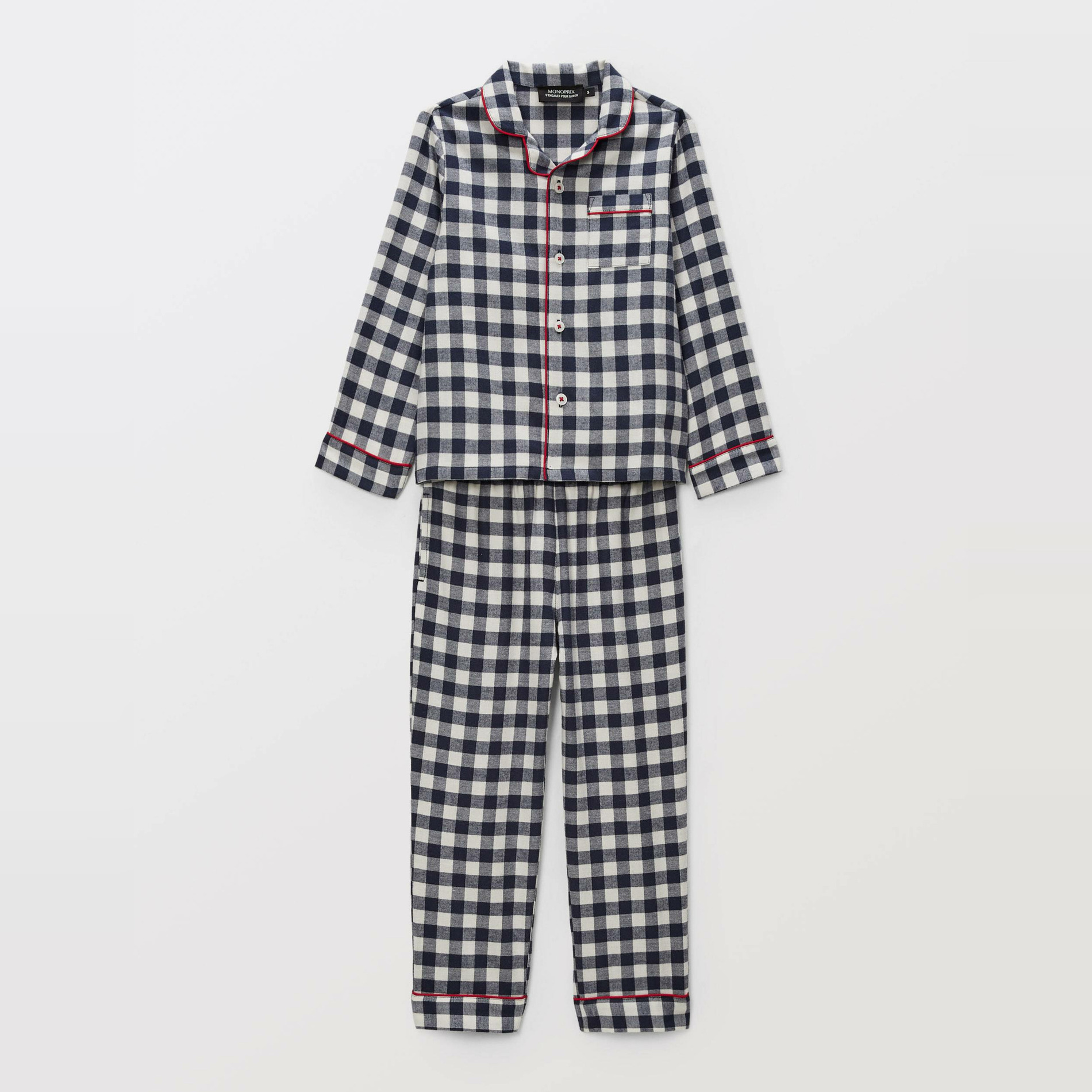 Pyjama chemise manches longues à carreaux en coton, MONOPRIX