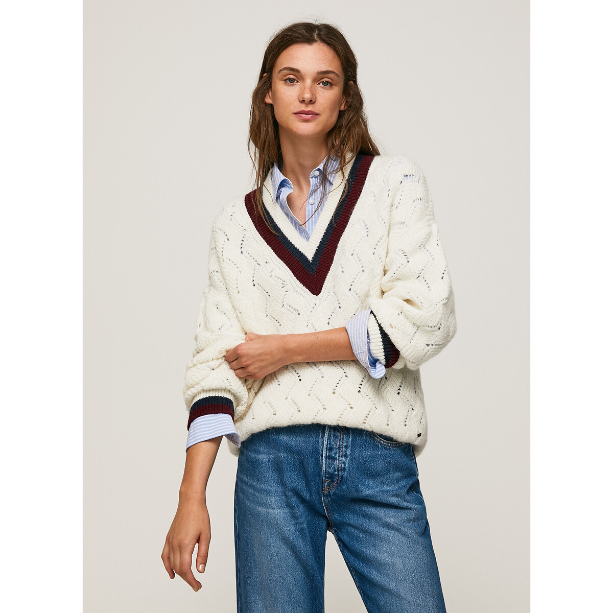 V-neck openwork knit jumper/sweater 