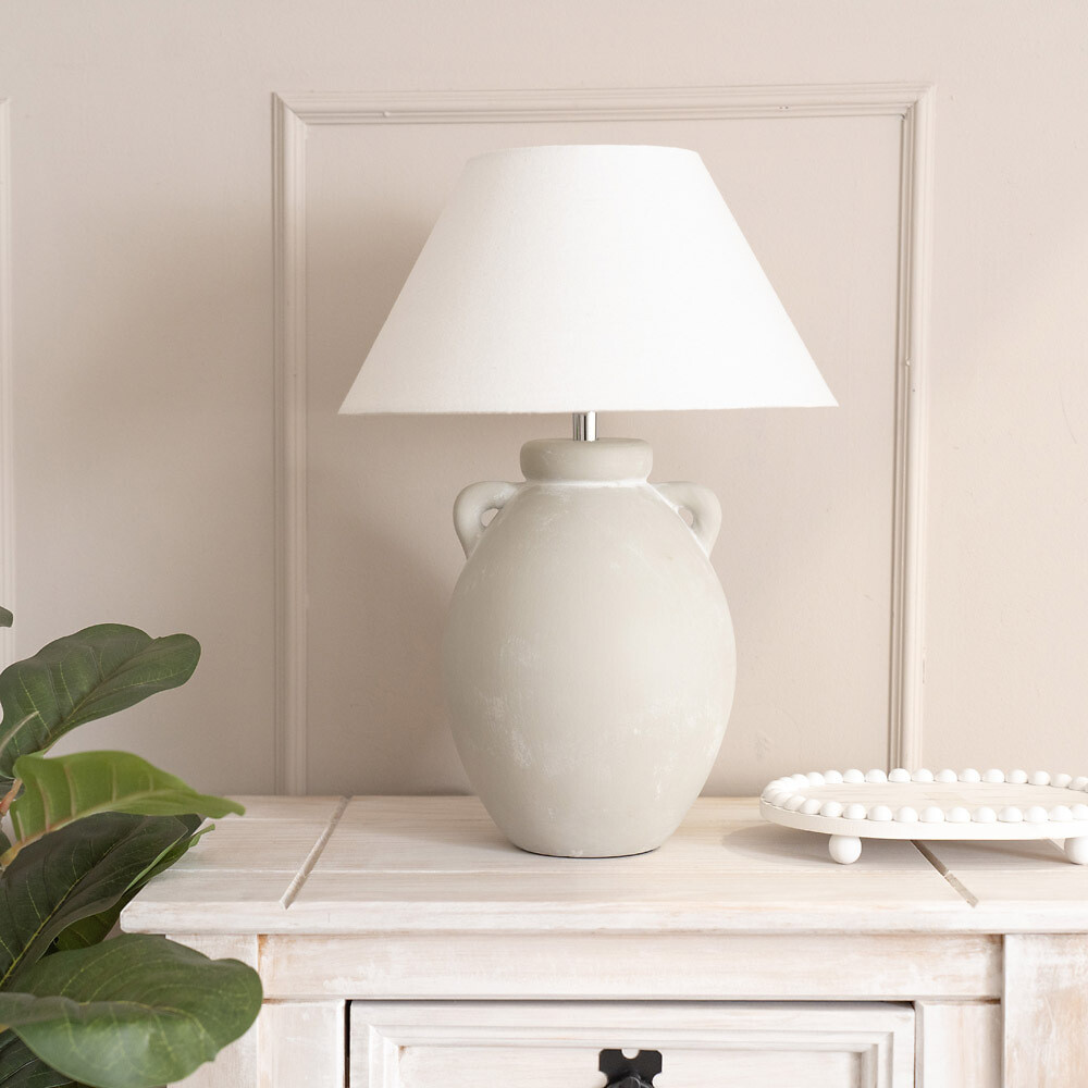 Dylan Stoneware Ceramic Vase Table Lamp with Linen Tapered Shade, SO'HOME