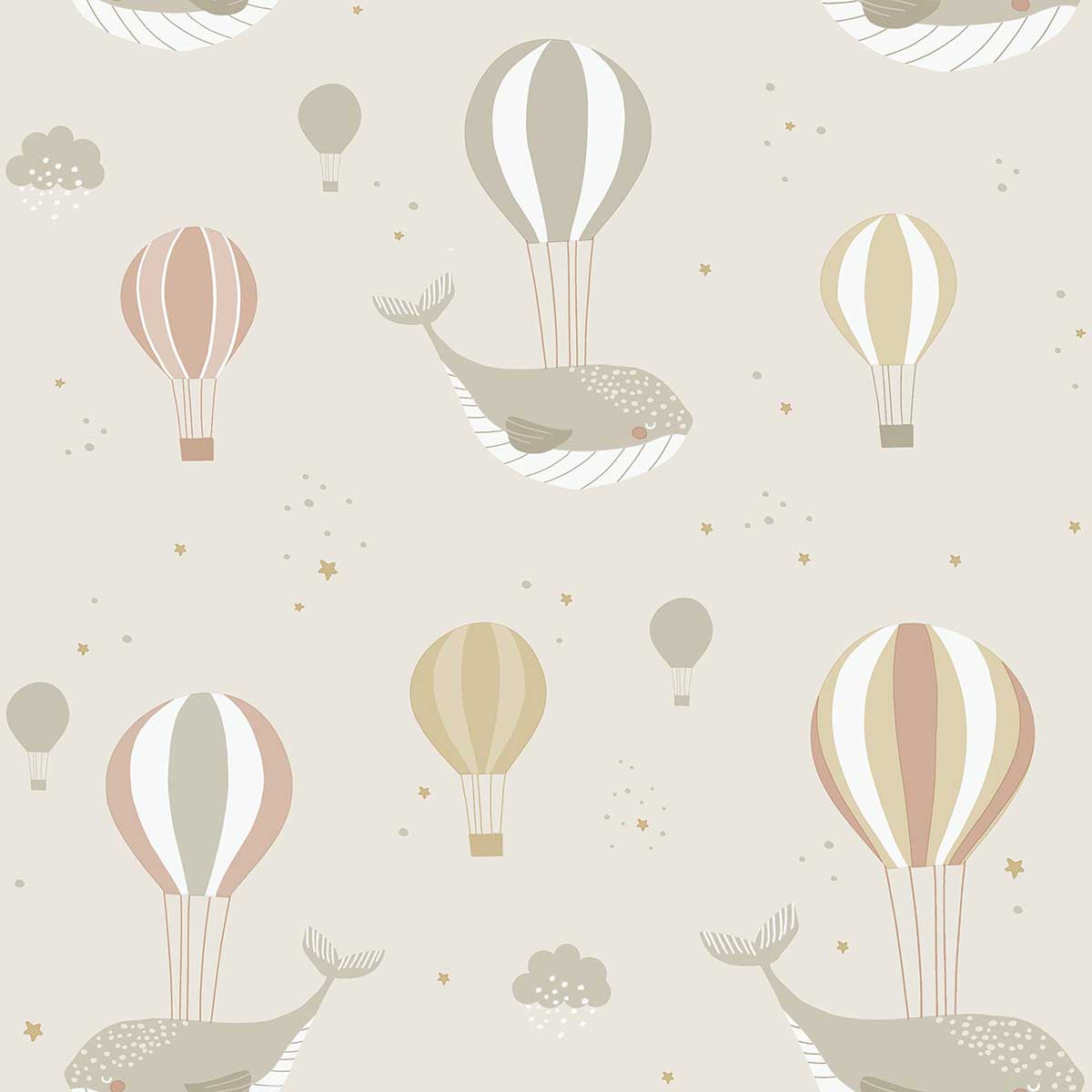 Papier peint baleines ballons air chaud pastel, HEXOA