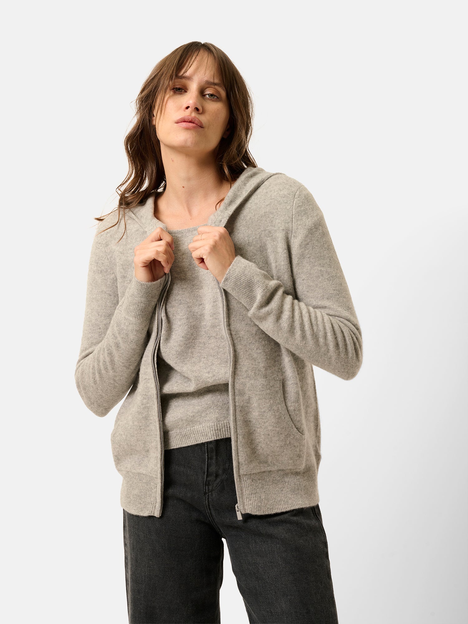 Gilet Zippé Capuche Nuage Chiné Debbie, JUST CASHMERE