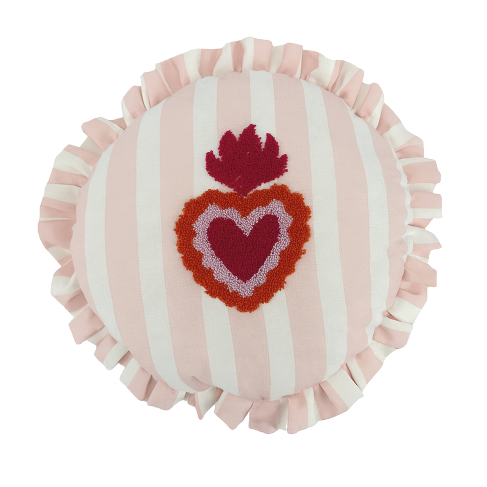 Coussin rond à rayures avec motif cœur brodé, OPJET