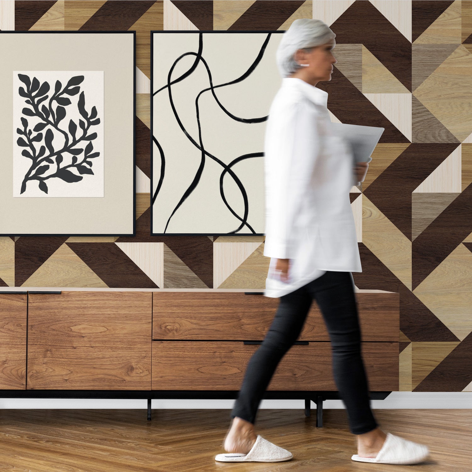 Papier peint panoramique Essences fragmentées - effet marqueterie bois, 192 x 290 cm, LE PAPIERS DE NINON
