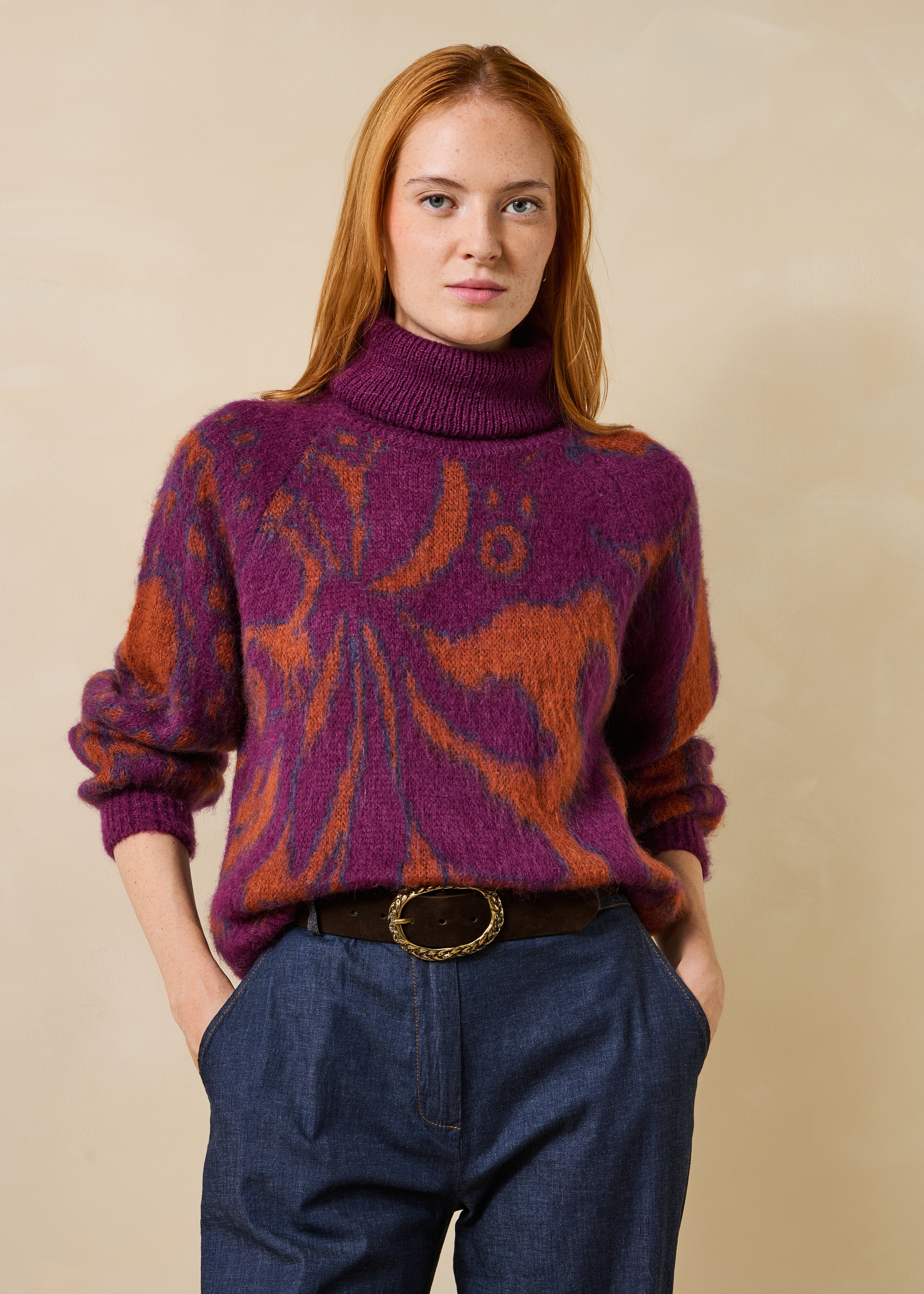 Pull col roulé manches longues en jacquard, LA FEE MARABOUTEE