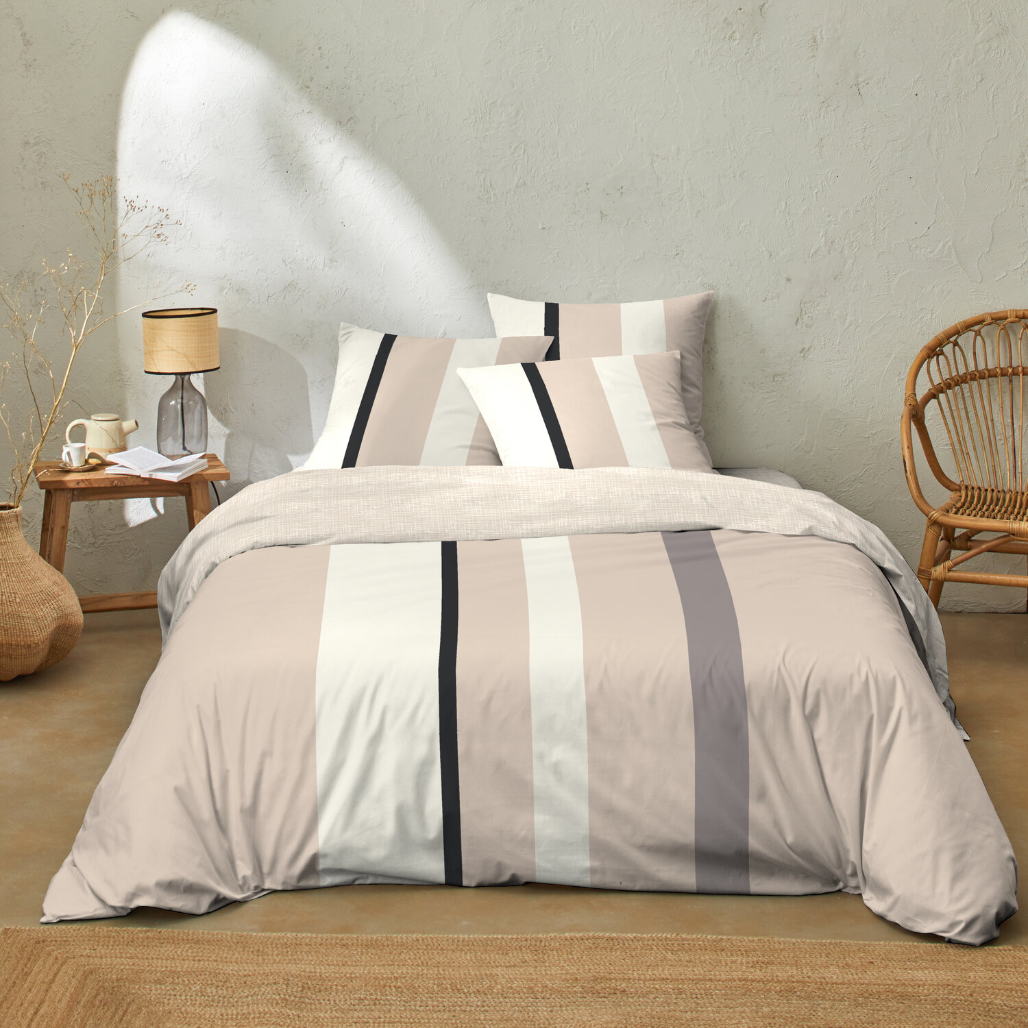 Parure de lit en coton rayures beige, CALLY, C DESIGN HOME TEXTILE