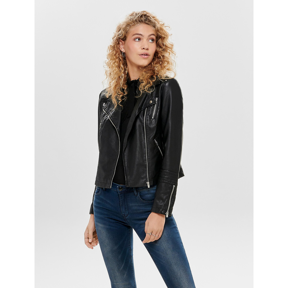 Image of Faux Leather Short Jacket with Zip Fastening