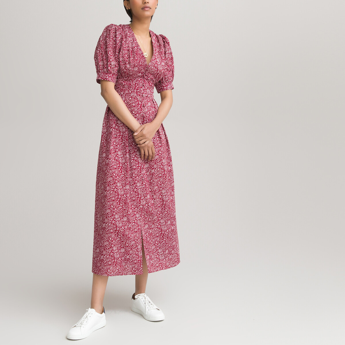 Printed maxi dress with v-neck and short sleeves plum print La 