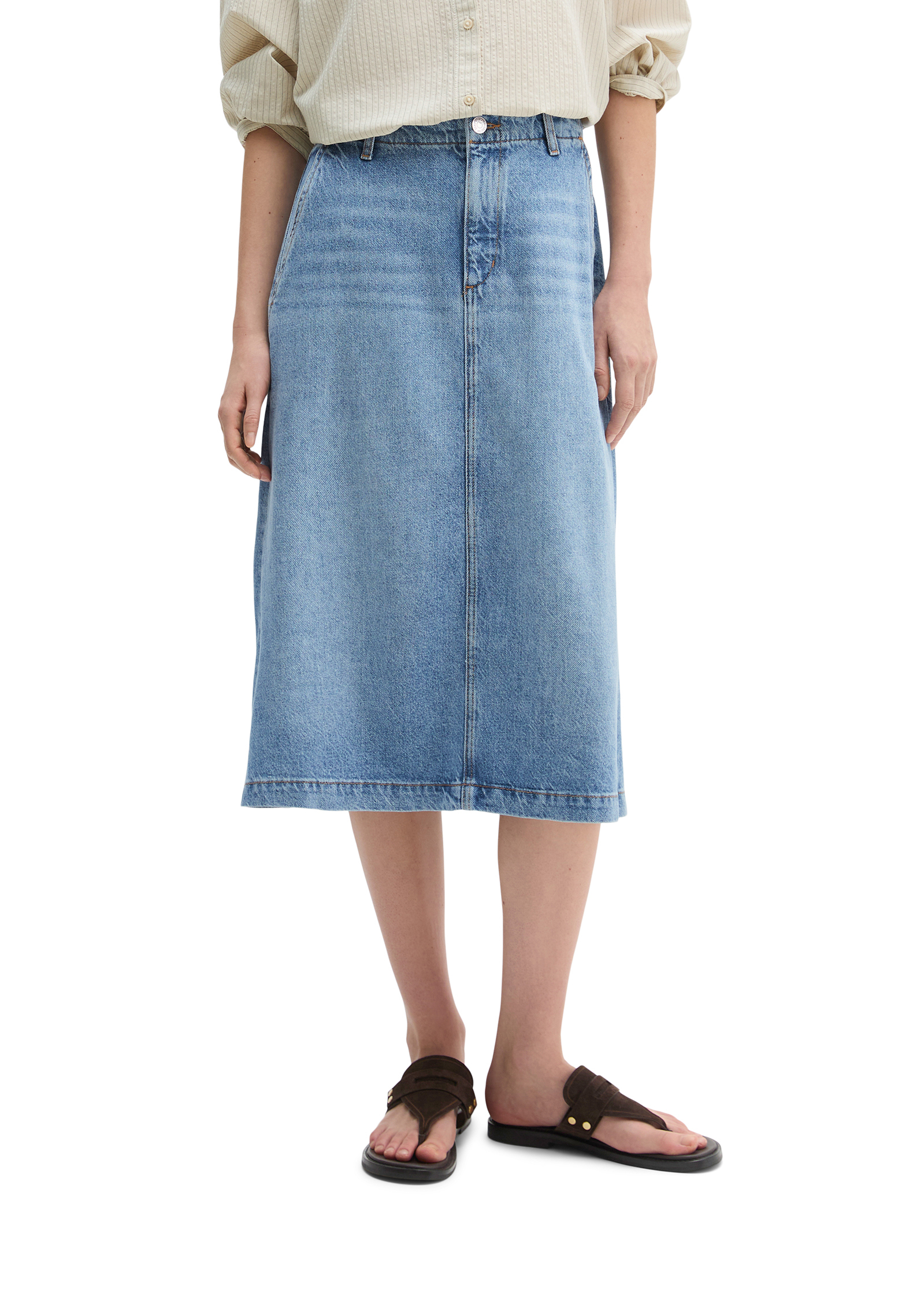 Jupe évasée en jean midi en mélange de lyocell, de lin et de coton, MARC O'POLO
