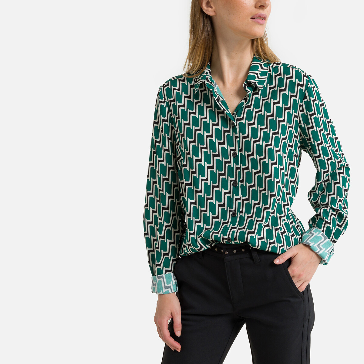 Graphic print blouse with v-neck, green print, Freeman T. Porter | La  Redoute