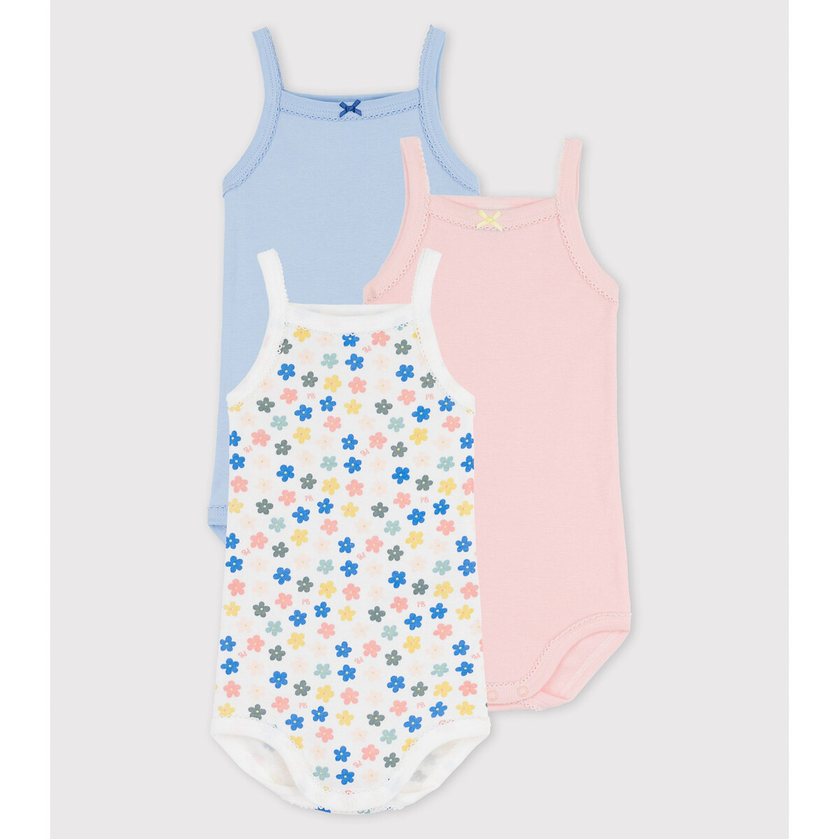 Lot De 3 Bodies Bretelles En Coton Blanc Rose Bleu Petit Bateau La Redoute