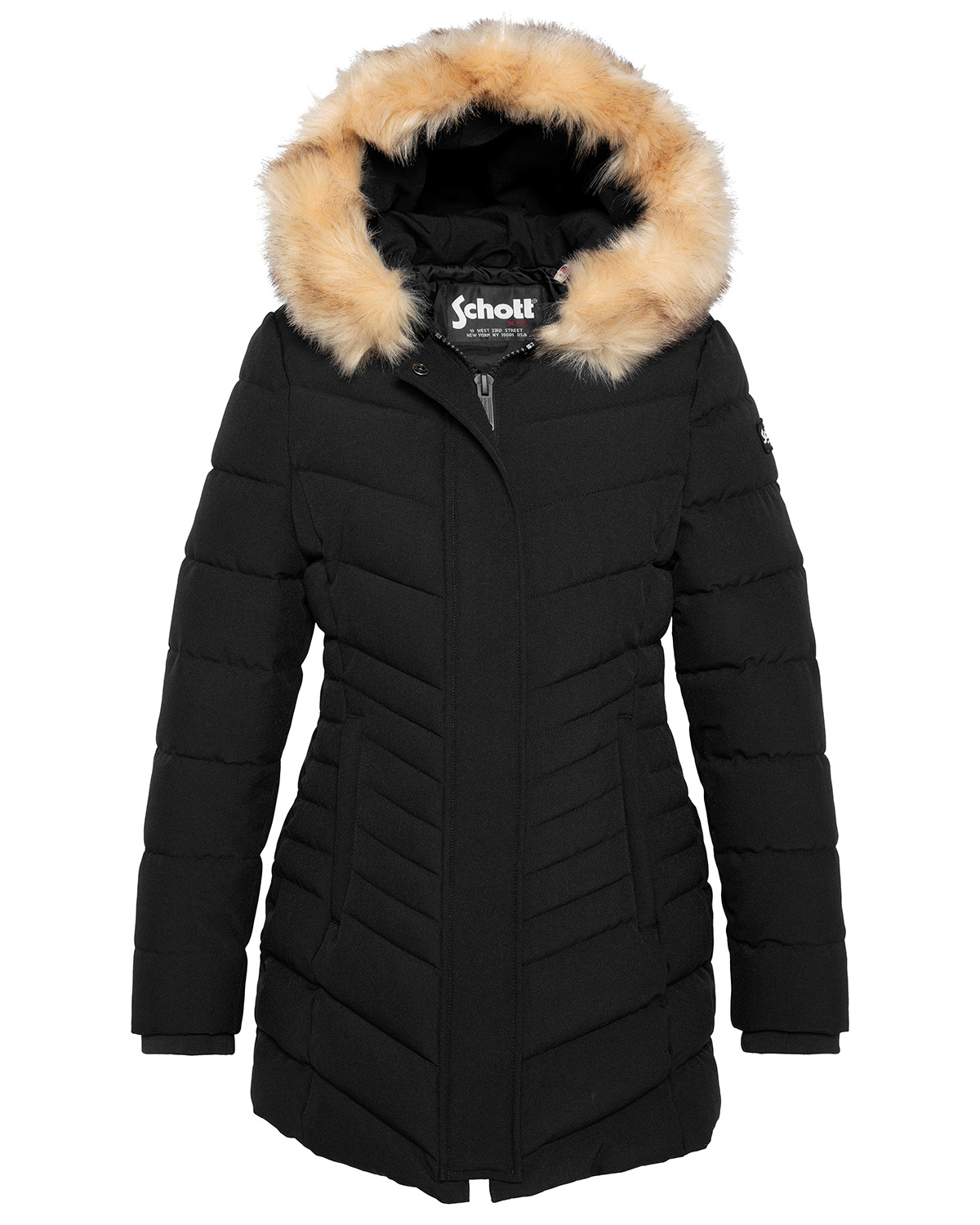 Parka mi-longue à capuche avec imitation fourrure amovible, SCHOTT