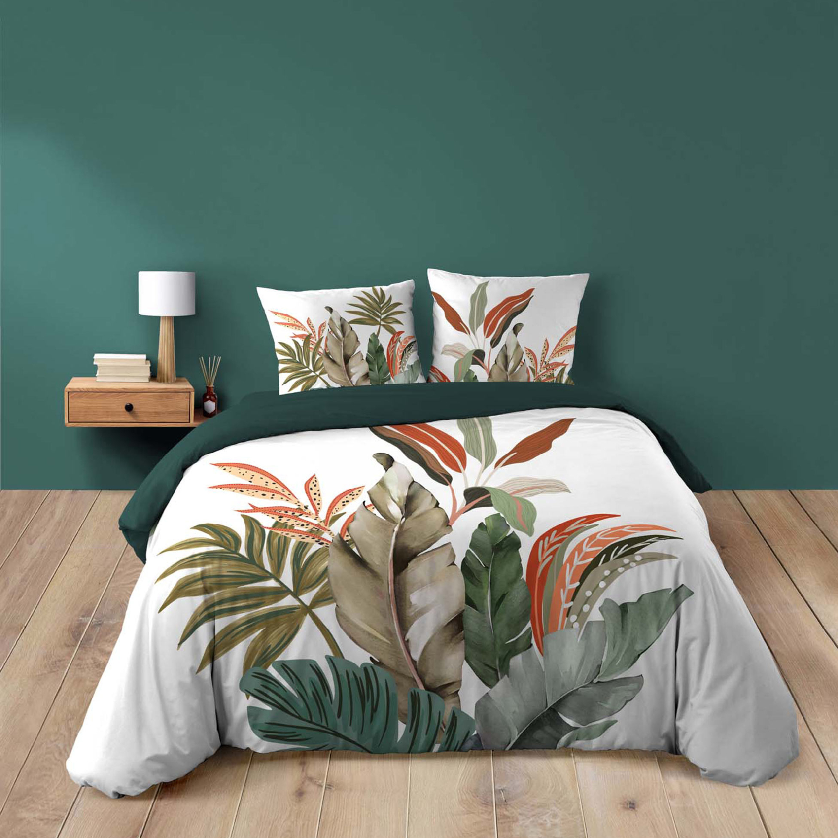 Parure de lit 3 pièces 100 % coton imprimé à motif tropical housse + taies, DOUCEUR D'INTÉRIEUR
