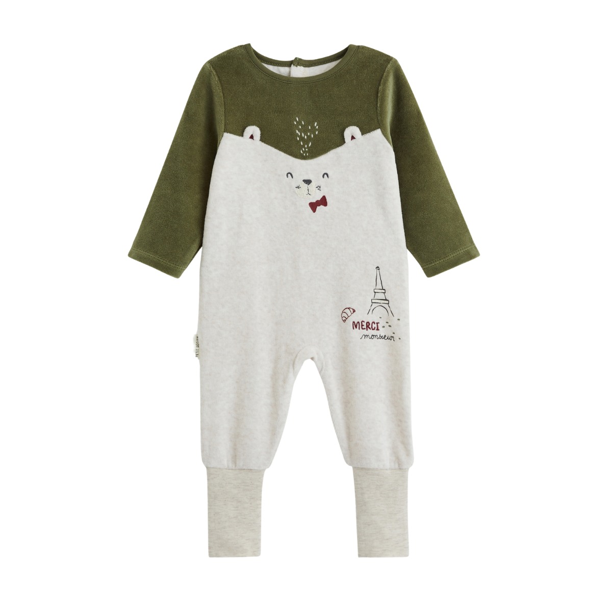Pyjama bébé avec pieds retroussables en velours Pistache, PETIT BEGUIN