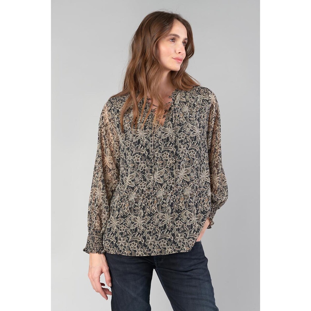 Recycled printed v-neck blouse with long sleeves, black/white, Le Temps ...