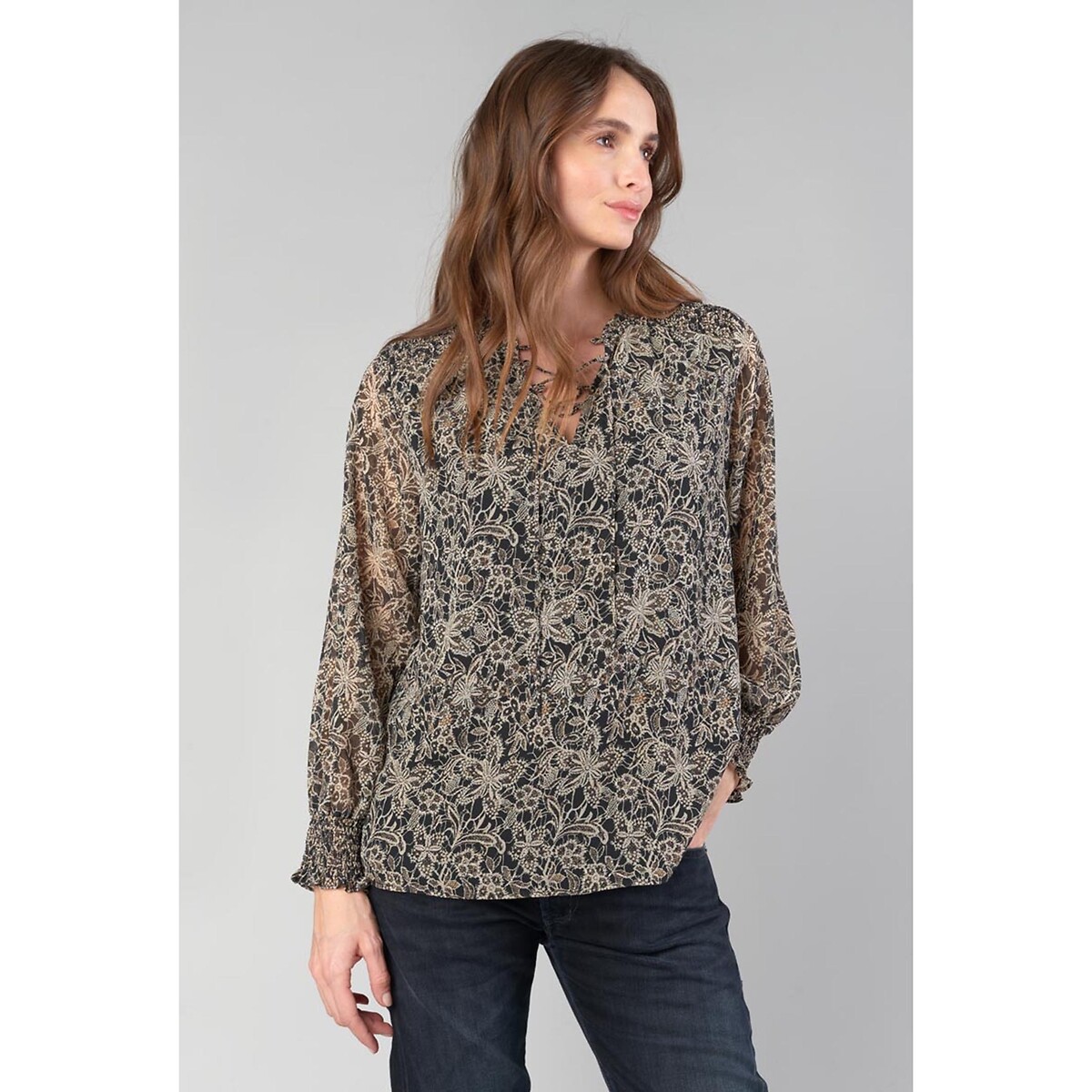 Recycled Printed V-Neck Blouse with Long Sleeves