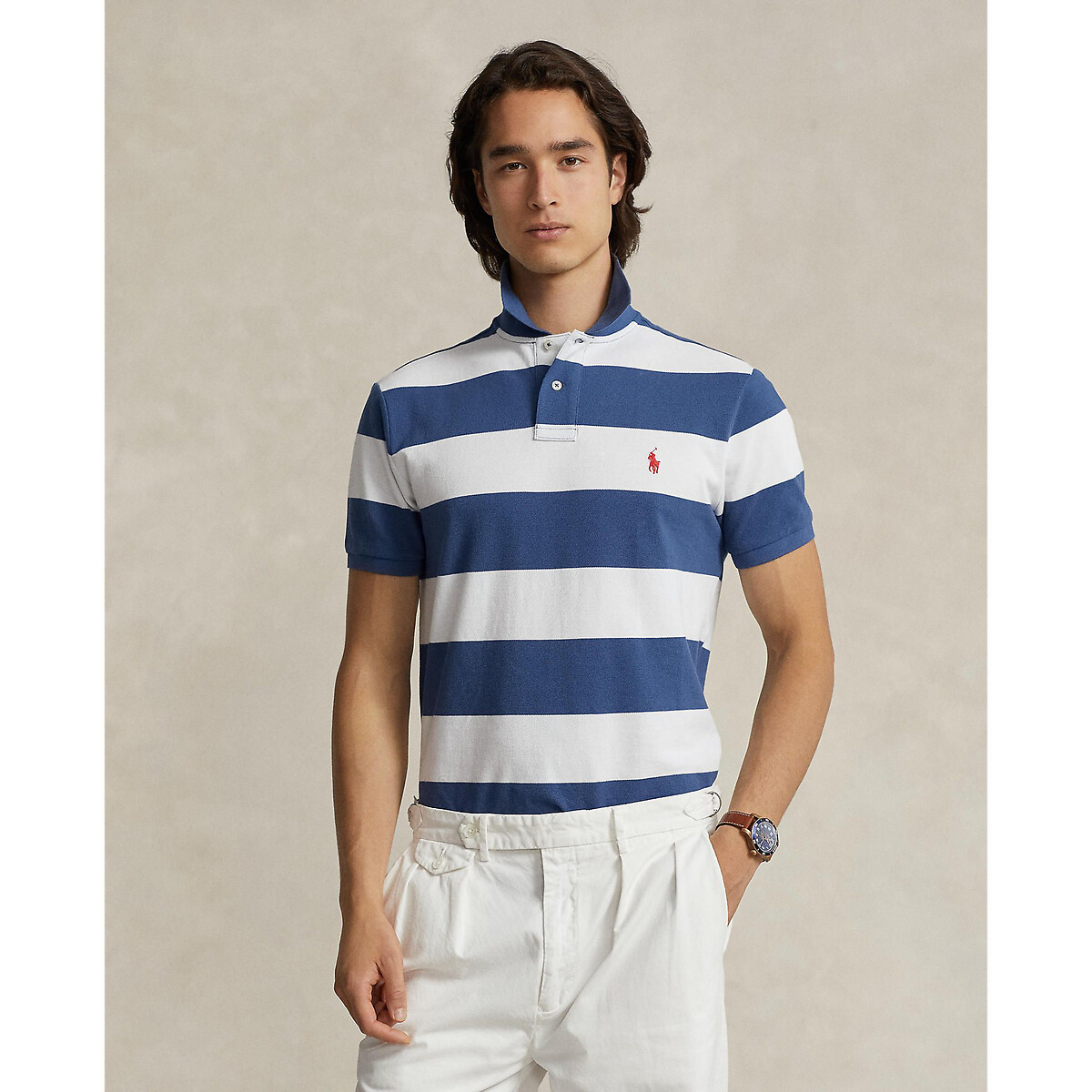 Image of Breton Striped Polo Shirt in Cotton and Slim Custom Fit