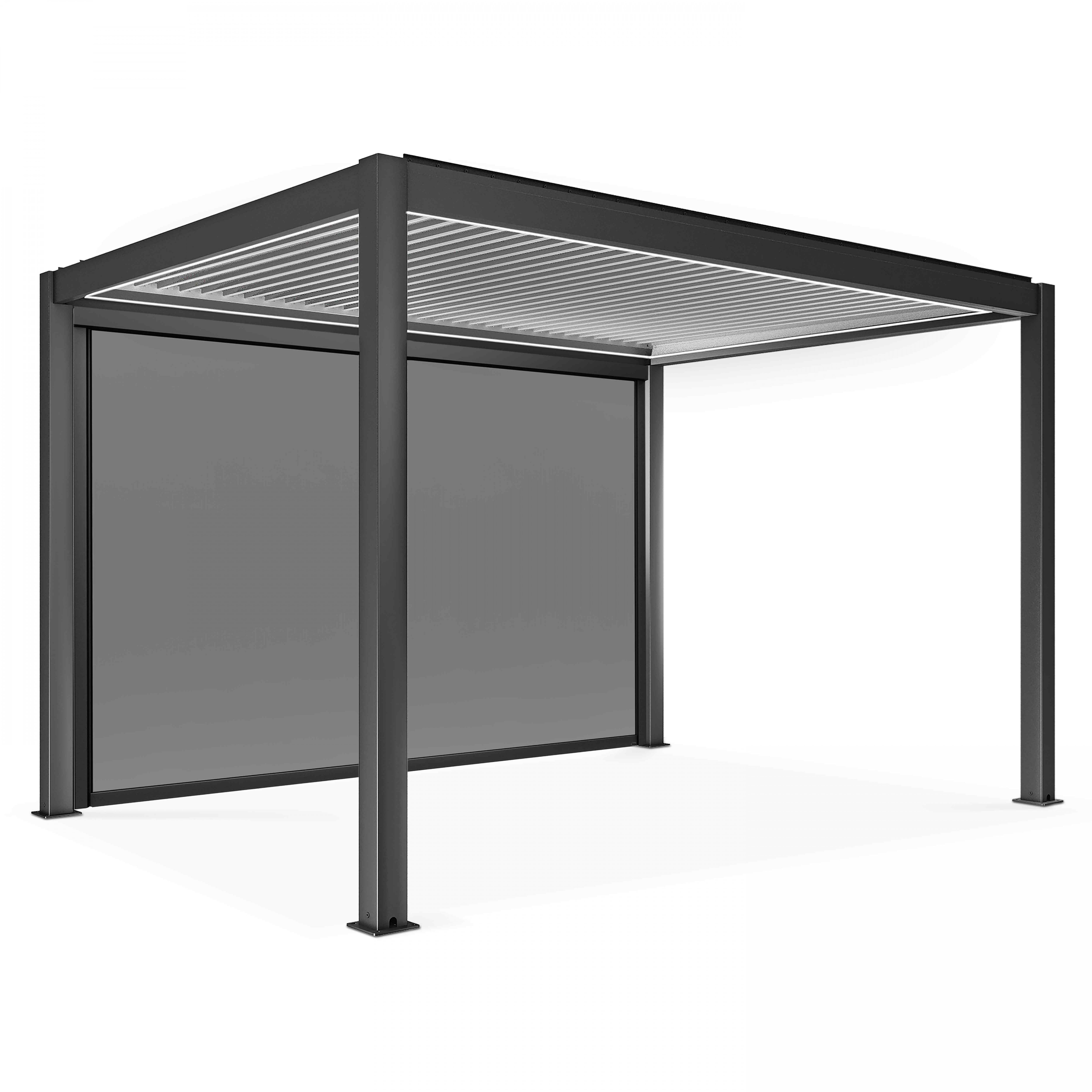 Pergola bioclimatique autoportée motorisée et éclairée 3x4m et 1 store, OVIALA