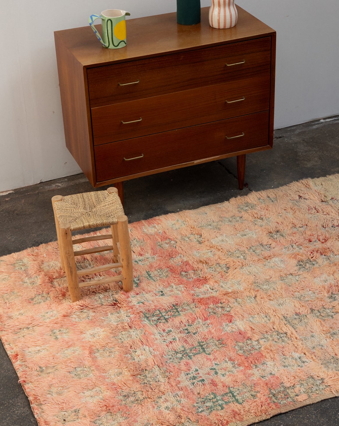Tapis rose et turquoise en laine Olivier N°40 - Bon état, DEBONGOUT