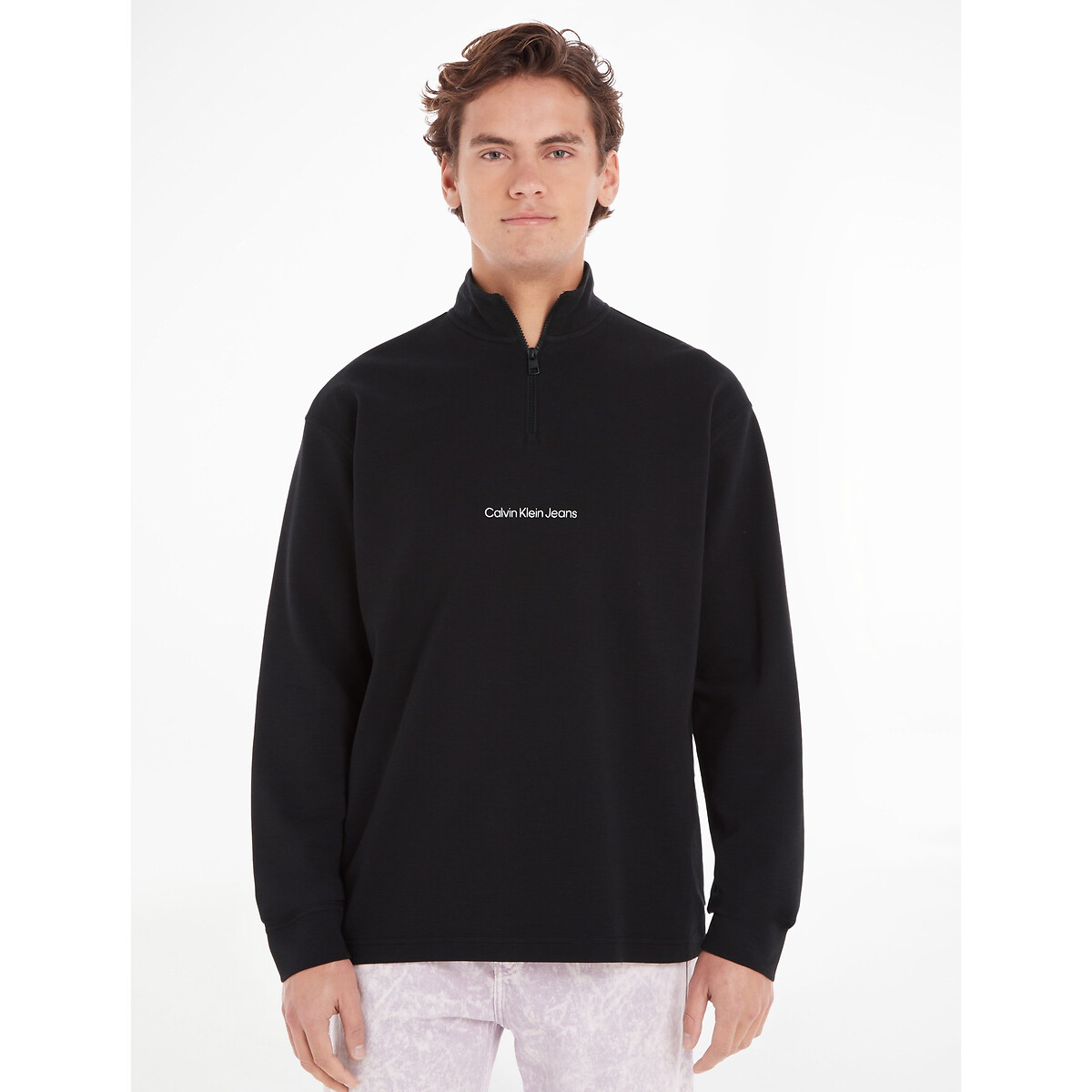 Image of Embroidered Logo Cotton Jumper with Half Zip