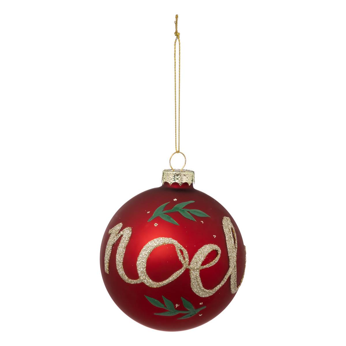 Boule de noël "Noël" feuille rouge en verre 90mm, FEERIC LIGHTS & CHRISTMAS