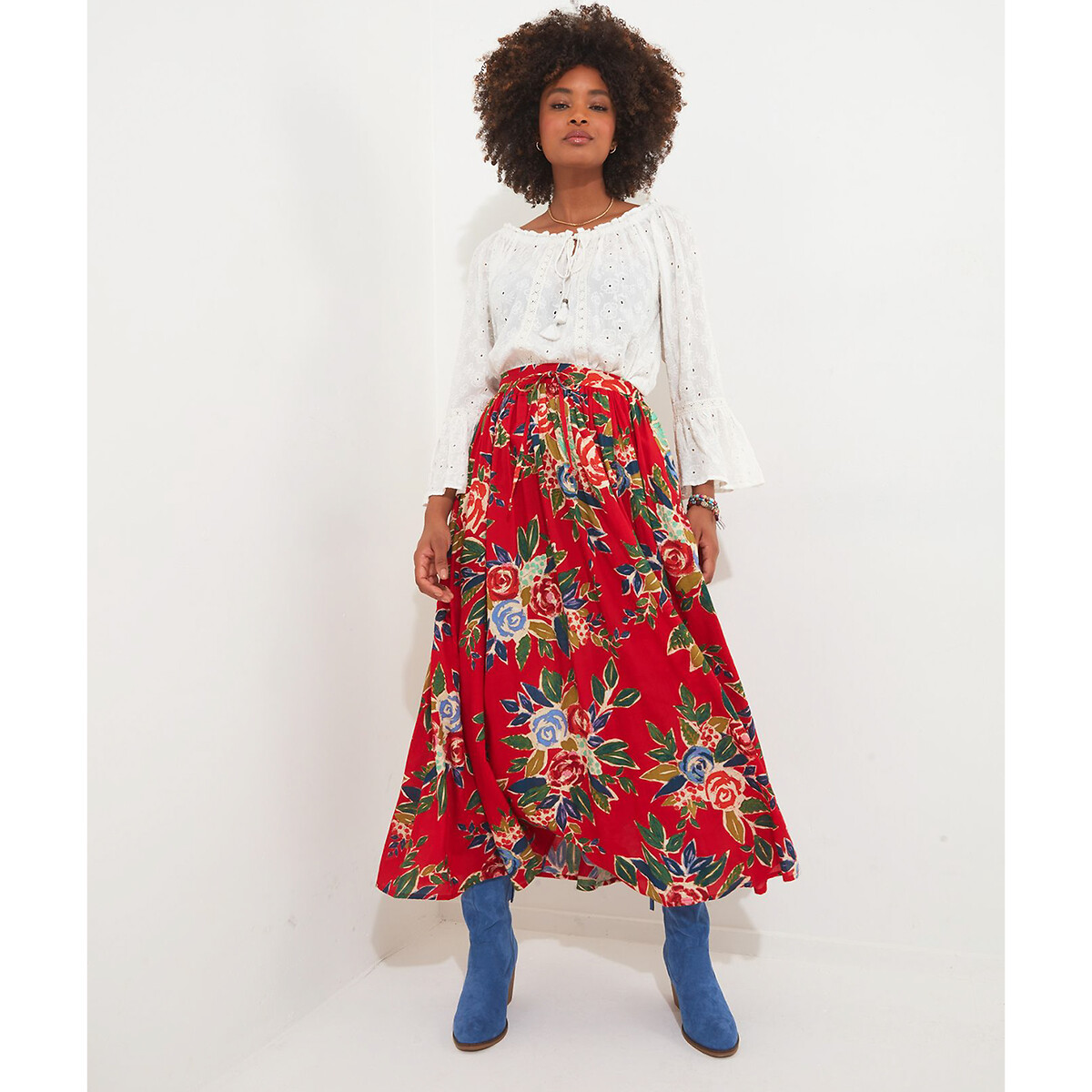 Floral midi skirt red top
