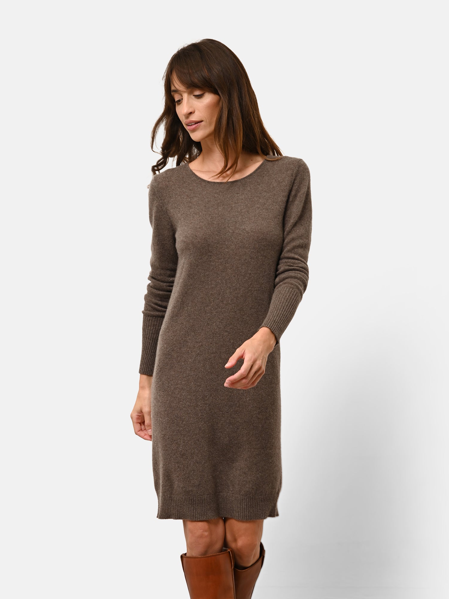 Robe Col Rond Taupe Chiné Susan, JUST CASHMERE