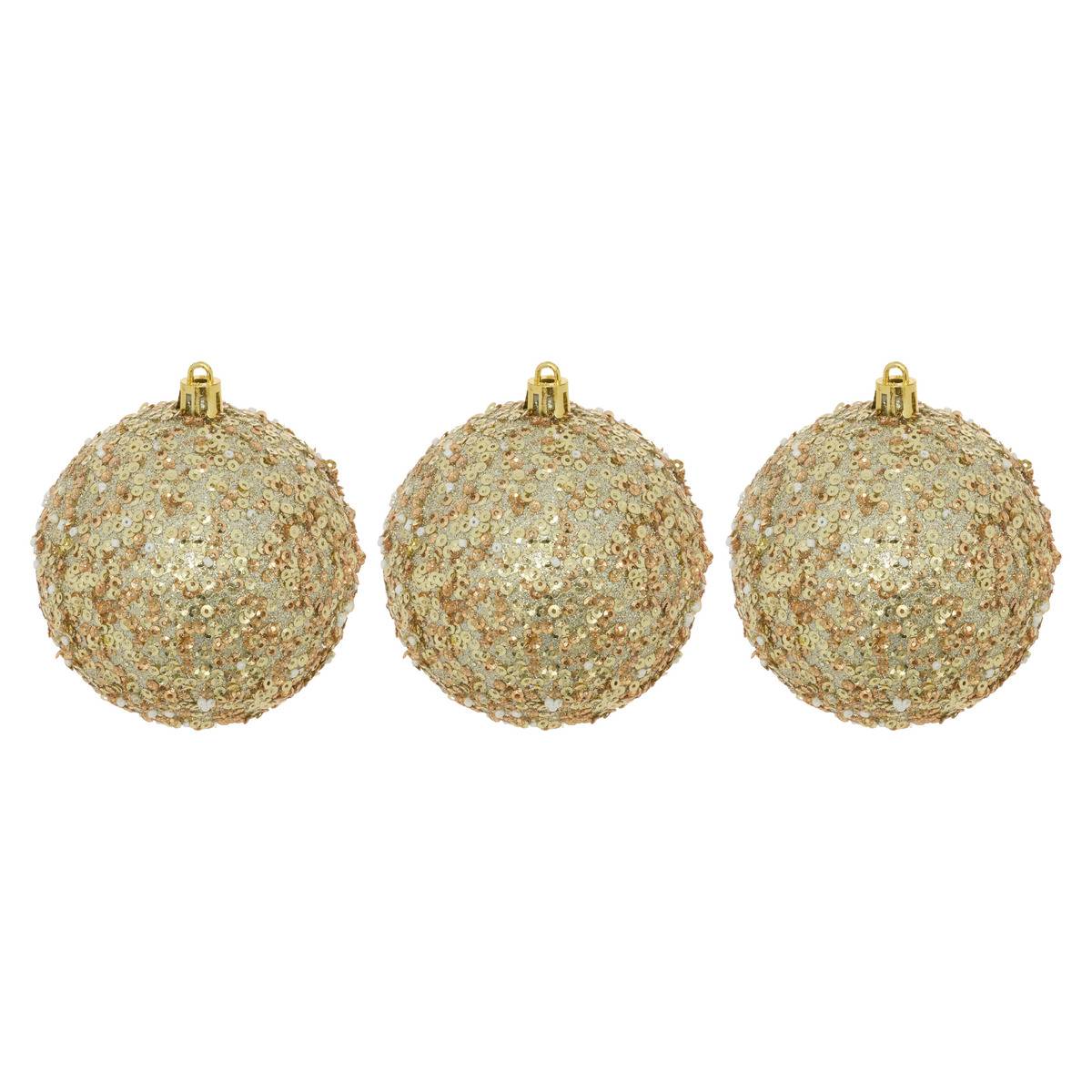 Lot de 3 boules de Noël en plastique perles et sequins dorés D. 80 mm, FEERIC LIGHTS & CHRISTMAS