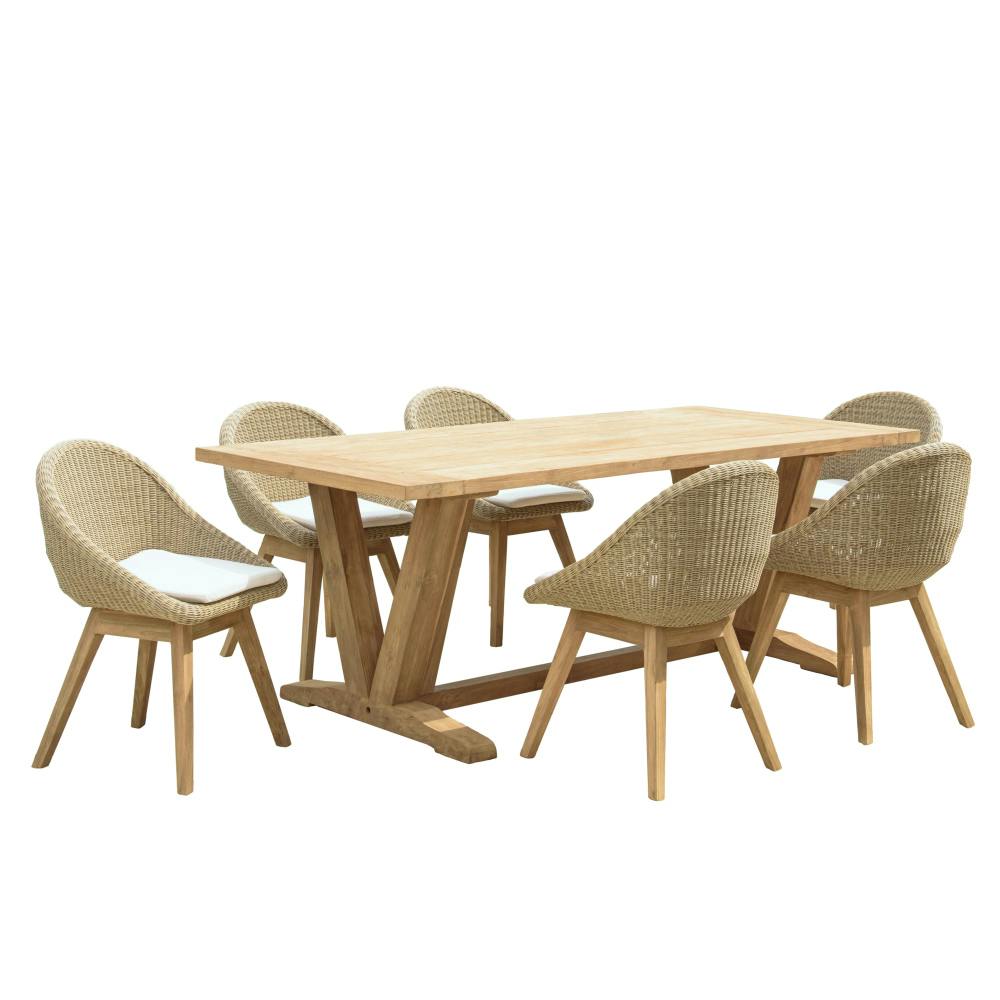 Salon de jardin teck naturel 1 table pieds en V 220 cm + 6 chaises arrondies résine tressée MANY, PIER IMPORT